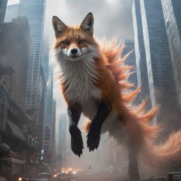 A bustling cityscape under an unexpected attack from a nine-tailed fox, Kyubi, with chaotic scenes of awe and fear as the enormous creature looms over the skyscrapers, its tails creating havoc.