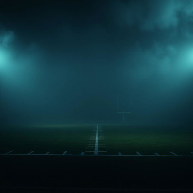 A mysterious football field enveloped in an enigmatic atmosphere, with dim lighting and a foggy ambiance