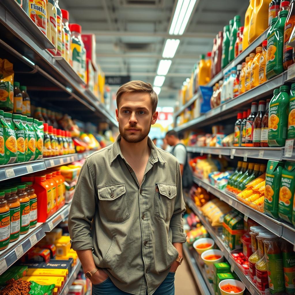 A male emigrant from Russia in a lively South African supermarket, embodying the experience of adapting to a new culture