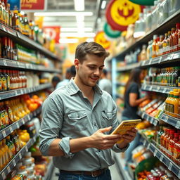 A male emigrant from Russia in a lively South African supermarket, embodying the experience of adapting to a new culture