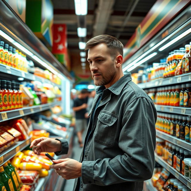 A male emigrant from Russia in a lively South African supermarket, embodying the experience of adapting to a new culture