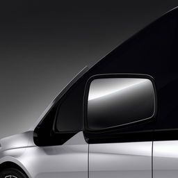 Front passenger's side mirror of a state-of-the-art, futuristic van, integrating cutting-edge design and technology.