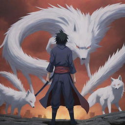 The chaotic cityscape now graced by the arrival of a long-haired figure, Uchiha Sasuke, standing confidently against the backdrop of the nine-tailed fox attack, his eyes showing determination and power.