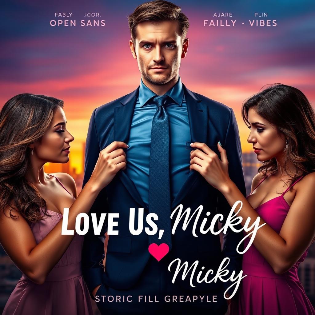 A cover image for the title 'Love Us, Micky', featuring a central figure named Micky in a conflicted expression