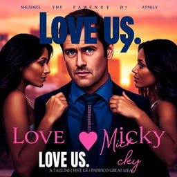 A cover image for the title 'Love Us, Micky', featuring a central figure named Micky in a conflicted expression