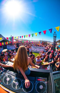 A vibrant music festival scene, full of energy and life, with a colorful crowd dancing joyfully under a bright blue sky