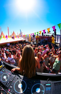 A vibrant music festival scene, full of energy and life, with a colorful crowd dancing joyfully under a bright blue sky