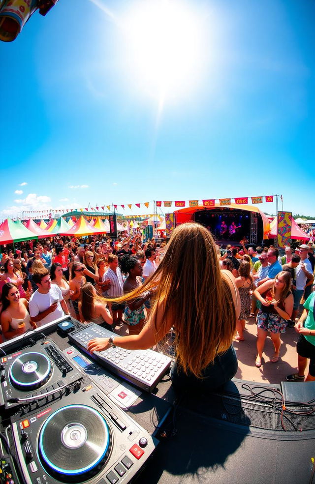 A vibrant music festival scene, full of energy and life, with a colorful crowd dancing joyfully under a bright blue sky