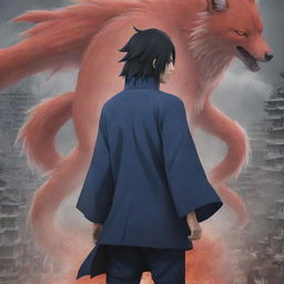 The chaotic cityscape now graced by the arrival of a long-haired figure, Uchiha Sasuke, standing confidently against the backdrop of the nine-tailed fox attack, his eyes showing determination and power.