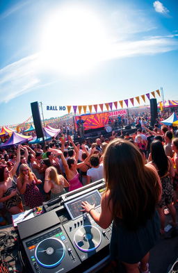 A vibrant music festival scene, full of energy and life, with a colorful crowd dancing joyfully under a bright blue sky