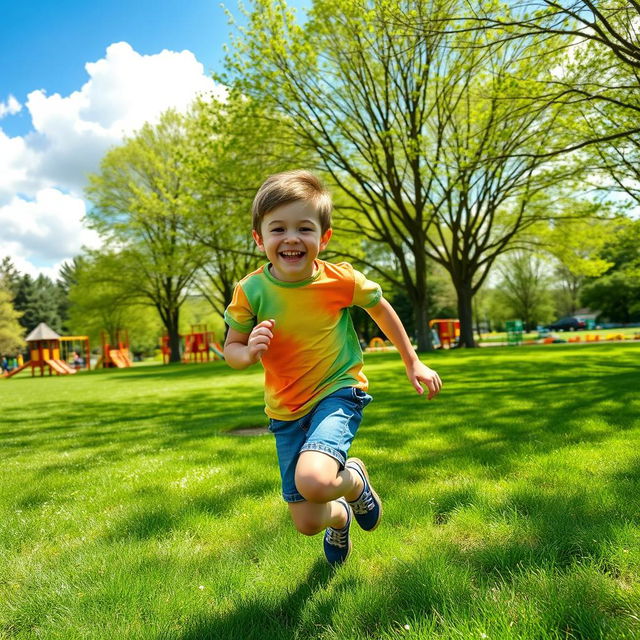 A young boy joyfully running through a vibrant green park, with a bright blue sky overhead and fluffy white clouds