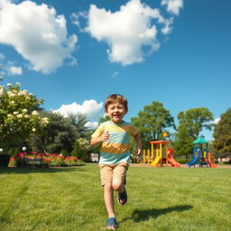 A young boy joyfully running through a vibrant green park, with a bright blue sky overhead and fluffy white clouds