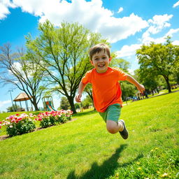 A young boy joyfully running through a vibrant green park, with a bright blue sky overhead and fluffy white clouds