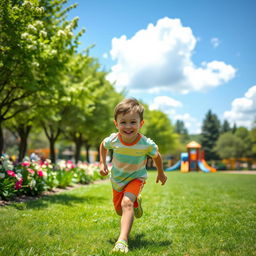 A young boy joyfully running through a vibrant green park, with a bright blue sky overhead and fluffy white clouds