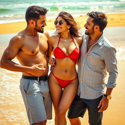 A vibrant beach scene featuring Kriti Sanon in a stunning red bikini, embodying confidence and allure