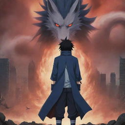 The chaotic cityscape now graced by the arrival of a long-haired figure, Uchiha Sasuke, standing confidently against the backdrop of the nine-tailed fox attack, his eyes showing determination and power.