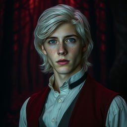 A young man with medium-length snow-white hair, striking green eyes, and freckles on his face, dressed in stylish attire from the 1920s