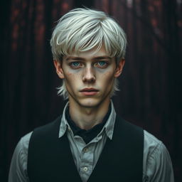 A young man with medium-length snow-white hair, striking green eyes, and freckles on his face, dressed in stylish attire from the 1920s