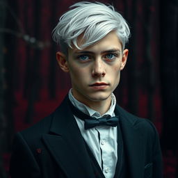 A young man with medium-length snow-white hair, striking green eyes, and freckles on his face, dressed in stylish attire from the 1920s