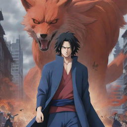 The chaotic cityscape now graced by the arrival of a long-haired figure, Uchiha Sasuke, standing confidently against the backdrop of the nine-tailed fox attack, his eyes showing determination and power.