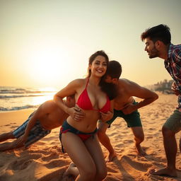 A captivating beach scene featuring Kriti Sanon in a striking red bikini, radiating confidence and charm