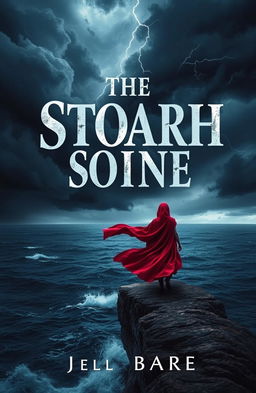 A captivating and dramatic book cover design featuring a lone figure standing at the edge of a cliff, overlooking a stormy sea under a tumultuous sky