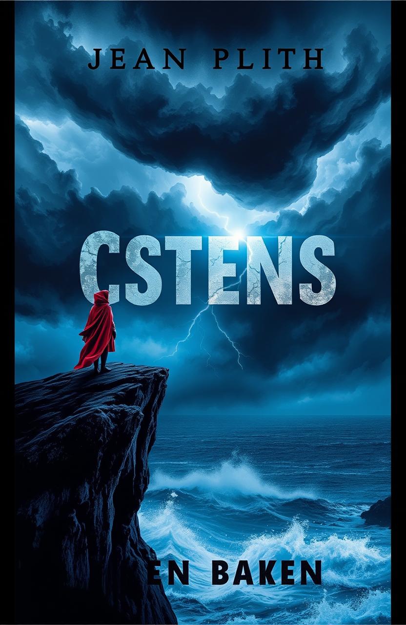 A captivating and dramatic book cover design featuring a lone figure standing at the edge of a cliff, overlooking a stormy sea under a tumultuous sky