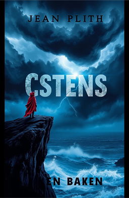 A captivating and dramatic book cover design featuring a lone figure standing at the edge of a cliff, overlooking a stormy sea under a tumultuous sky