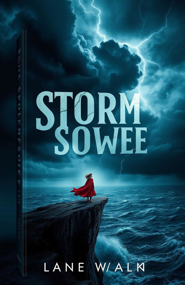 A captivating and dramatic book cover design featuring a lone figure standing at the edge of a cliff, overlooking a stormy sea under a tumultuous sky