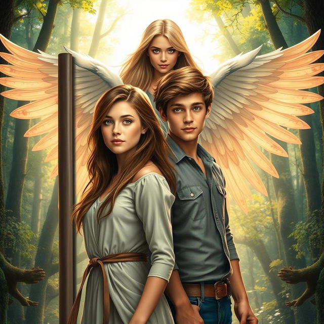 A captivating book cover featuring a young woman with brown hair standing confidently, side by side with a young man