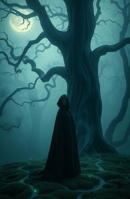 A mesmerizing dark fantasy scene featuring an enchanting forest shrouded in mist