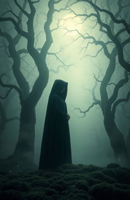 A mesmerizing dark fantasy scene featuring an enchanting forest shrouded in mist