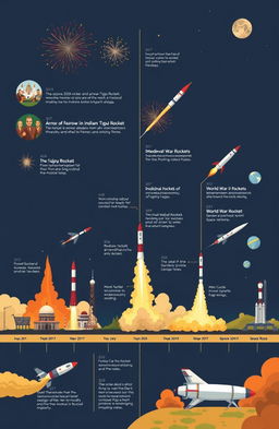 A visually engaging historical timeline showcasing the evolution of rockets from ancient to modern times