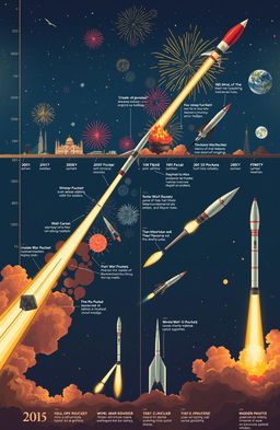 A visually engaging historical timeline showcasing the evolution of rockets from ancient to modern times