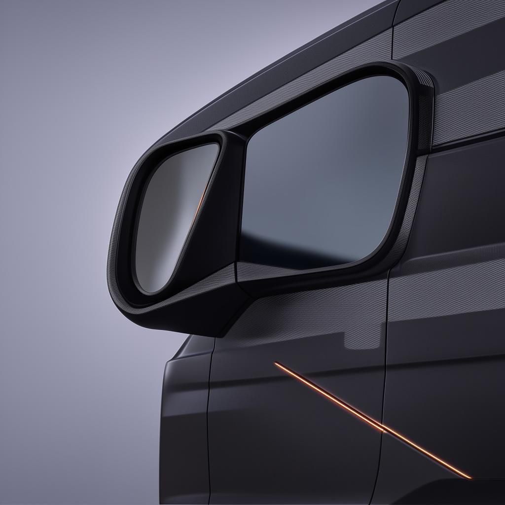 Front passenger's side mirror of a state-of-the-art, futuristic van, integrating cutting-edge design and technology.