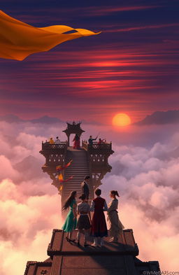 A dramatic scene unfolding on a series of elevated platforms, intricately designed, overlooking a vast, moody landscape shrouded in mist