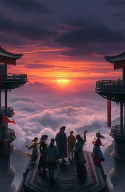 A dramatic scene unfolding on a series of elevated platforms, intricately designed, overlooking a vast, moody landscape shrouded in mist