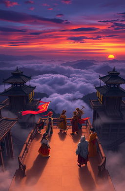 A dramatic scene unfolding on a series of elevated platforms, intricately designed, overlooking a vast, moody landscape shrouded in mist