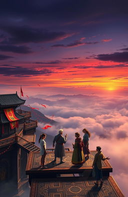 A dramatic scene unfolding on a series of elevated platforms, intricately designed, overlooking a vast, moody landscape shrouded in mist