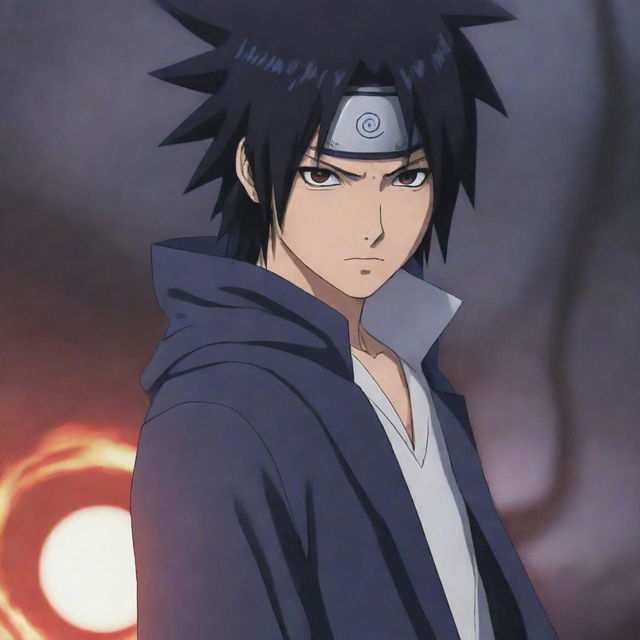 Uchiha Sasuke, in the disturbed cityscape, activates his Rinnegan, a complex eye pattern giving him an even more formidable appearance, ready to stand against the nine-tailed fox.