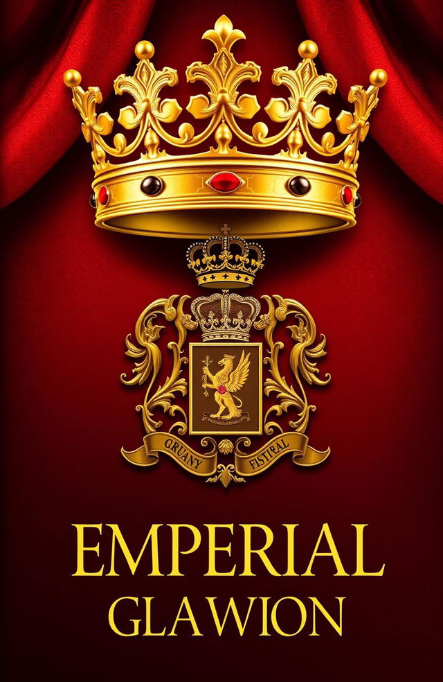 An imperial book cover design featuring a majestic golden crown at the top and a detailed royal emblem prominently displayed, set against a luxurious background blending dark red, deep purple, and shimmering gold tones