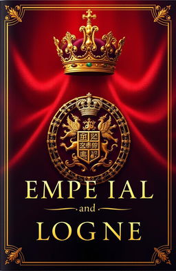 An imperial book cover design featuring a majestic golden crown at the top and a detailed royal emblem prominently displayed, set against a luxurious background blending dark red, deep purple, and shimmering gold tones