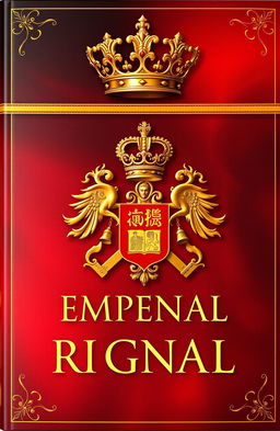 An imperial book cover design featuring a majestic golden crown at the top and a detailed royal emblem prominently displayed, set against a luxurious background blending dark red, deep purple, and shimmering gold tones