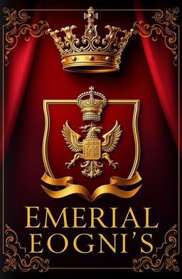 An imperial book cover design featuring a majestic golden crown at the top and a detailed royal emblem prominently displayed, set against a luxurious background blending dark red, deep purple, and shimmering gold tones