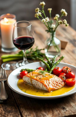 A beautifully arranged gourmet meal on a rustic wooden table