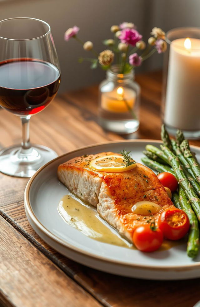 A beautifully arranged gourmet meal on a rustic wooden table