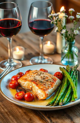 A beautifully arranged gourmet meal on a rustic wooden table