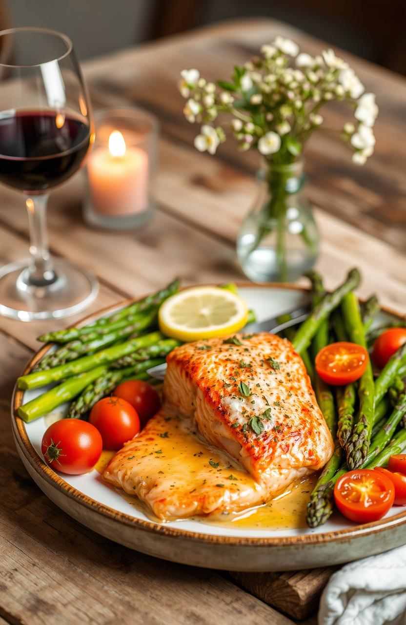 A beautifully arranged gourmet meal on a rustic wooden table