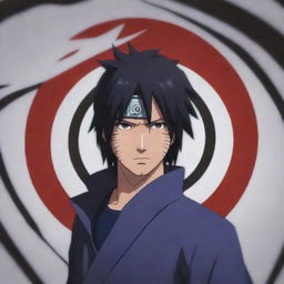 Uchiha Sasuke, in the disturbed cityscape, activates his Rinnegan, a complex eye pattern giving him an even more formidable appearance, ready to stand against the nine-tailed fox.