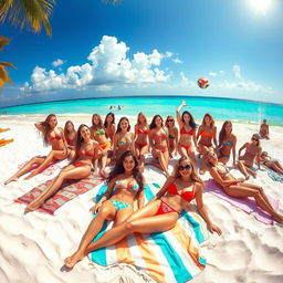 A stunning beach scene with multiple beautiful women in colorful bikinis, relaxing under a bright sun